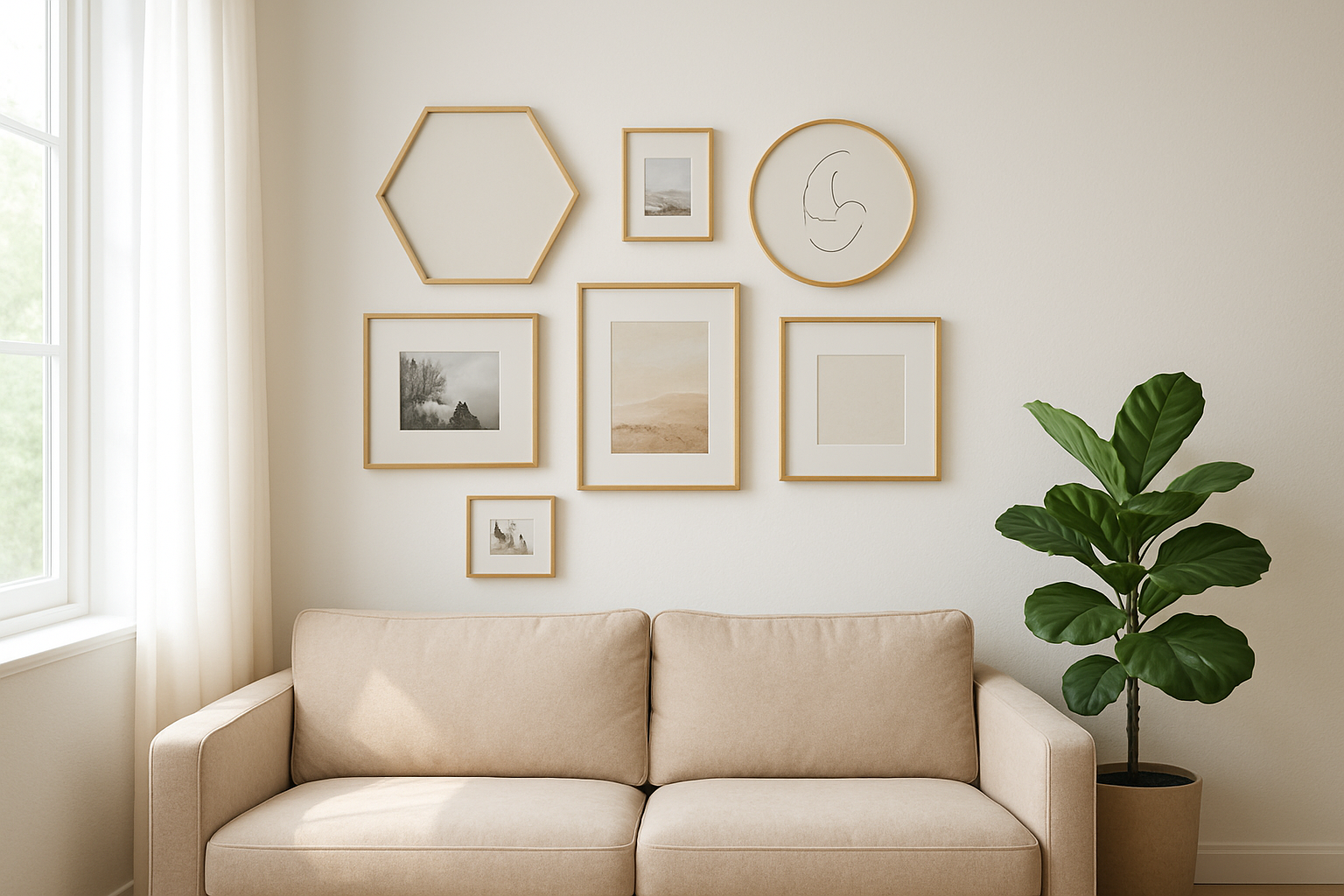 Composition murale de cadres photo originaux design en bois et métal doré dans un salon lumineux avec canapé beige et plante verte