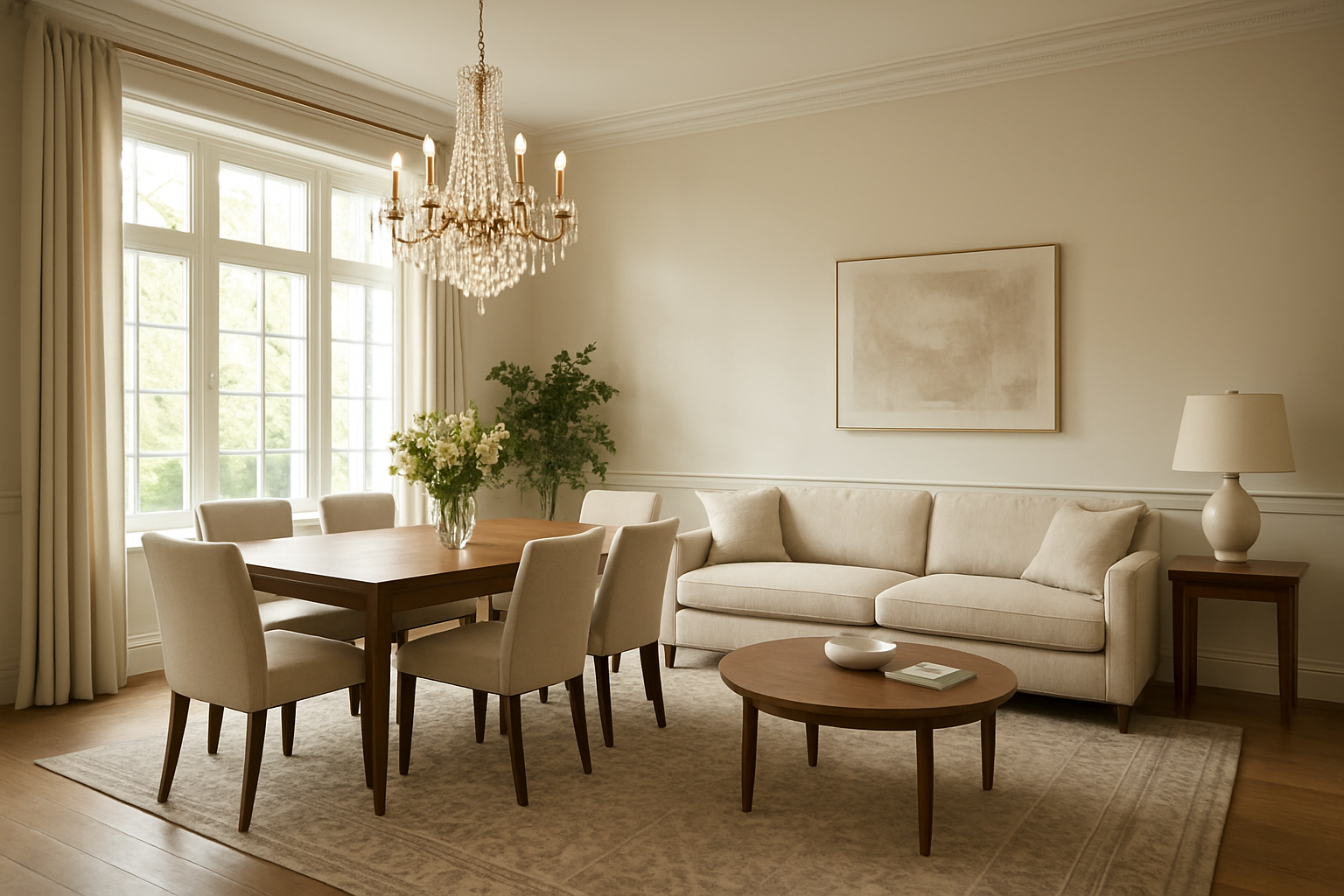 Lustre en cristal suspendu au-dessus d'une table à manger en bois dans un salon lumineux au style moderne classique, avec canapé beige et tapis à motifs.
