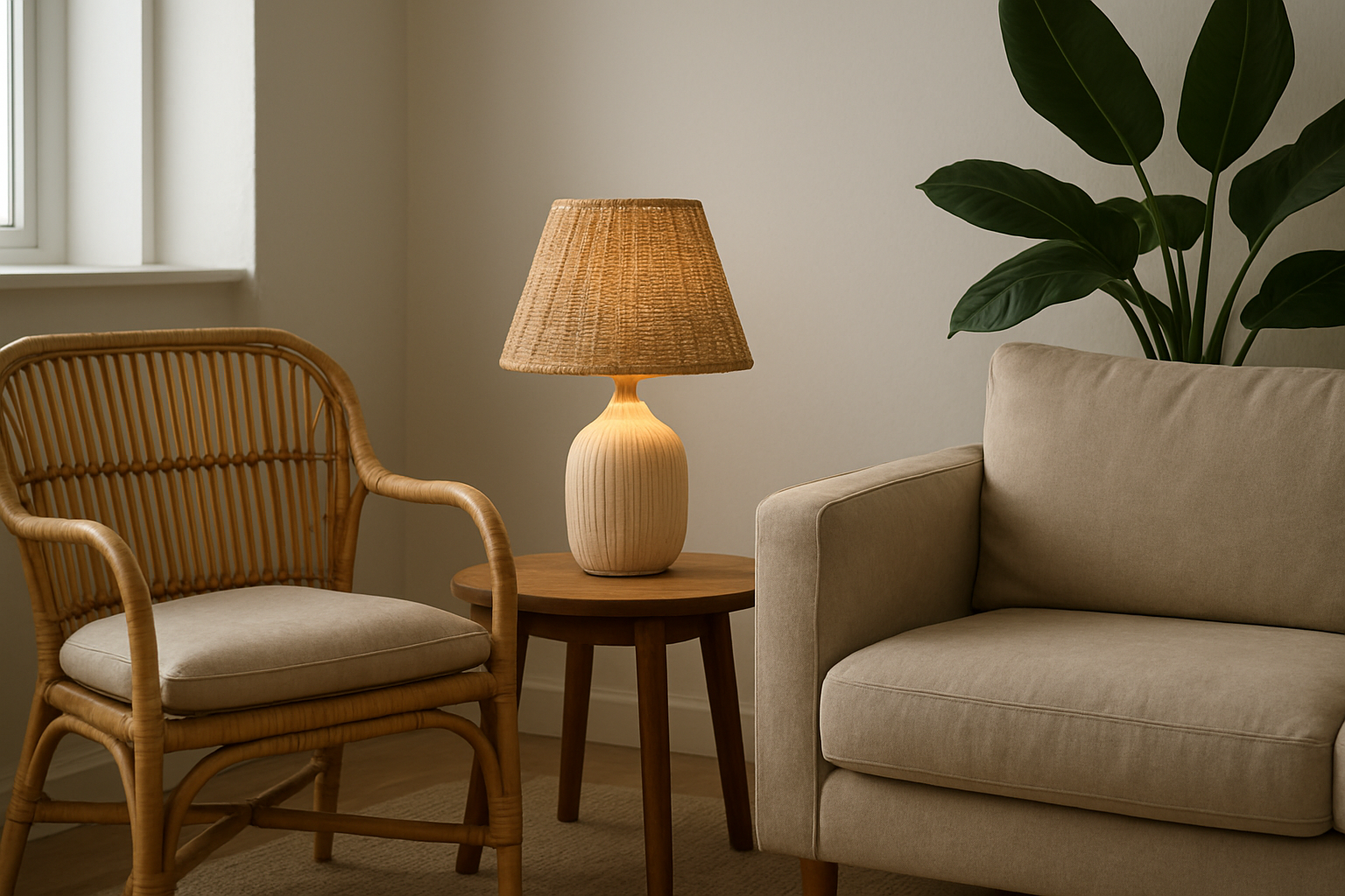 Lampe de table avec abat-jour en raphia tressé posée sur une table en bois dans un salon lumineux au style naturel, à côté d'un fauteuil en rotin et d'une plante verte.