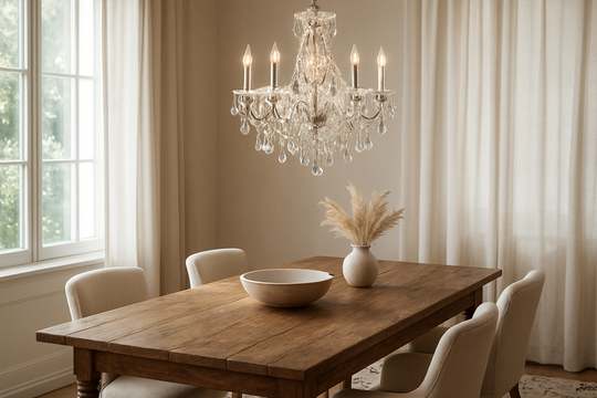 Lustre en pampilles en cristal suspendu au-dessus d'une table en bois dans un salon lumineux, avec des reflets scintillants et une décoration intérieure élégante.