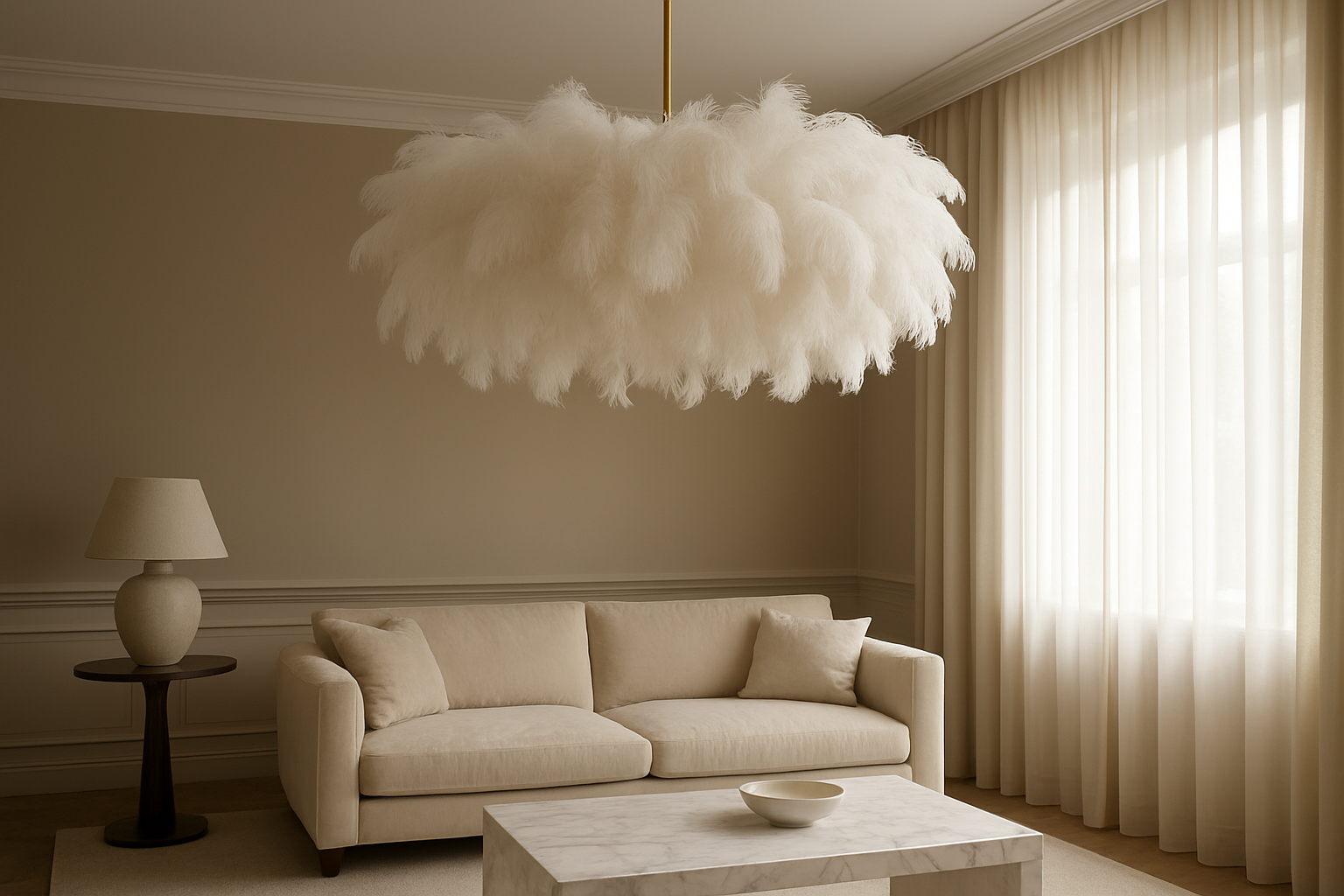 Lustre en plumes d'autruche blanc suspendu dans un salon élégant aux murs beiges, avec canapé en velours crème et lumière naturelle tamisée par des rideaux en voilage.
