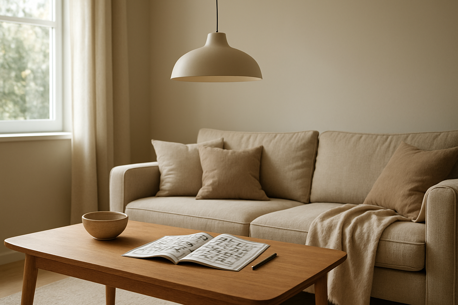 Lustre suspendu au-dessus d'une table basse en bois avec un magazine de mots fléchés ouvert, lumière naturelle, intérieur cosy et épuré