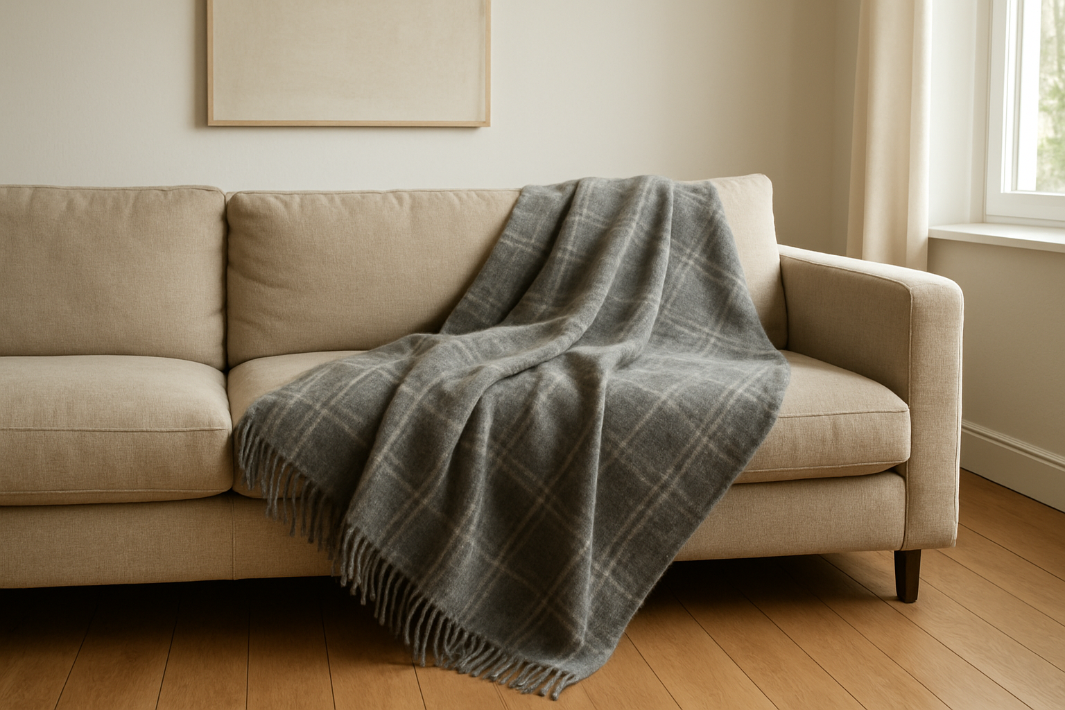 Plaid 220x240 en laine grise drapé sur un canapé beige dans un salon lumineux au style minimaliste