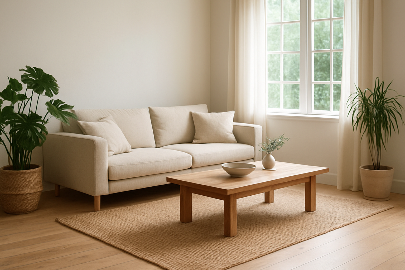 Salon lumineux avec un tapis jute rectangulaire beige sous une table basse en bois, canapé beige et plantes vertes, lumière naturelle.