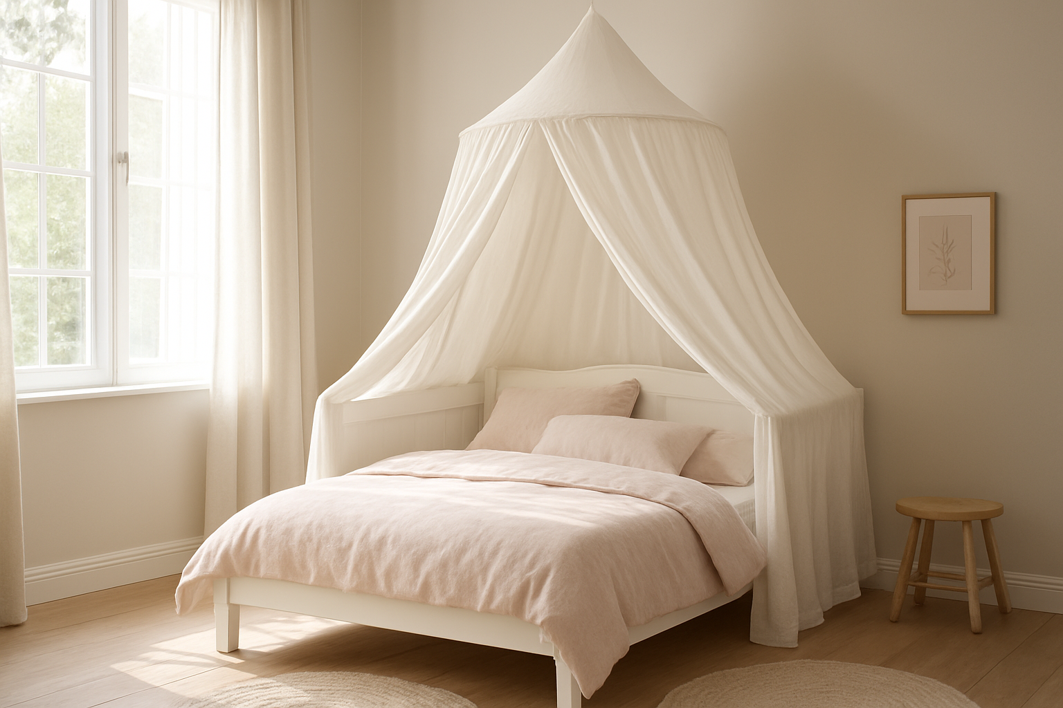 Ciel de lit bébé blanc suspendu au-dessus d'un lit en bois dans une chambre d'enfant lumineuse, avec des coussins pastel et un tapis moelleux.