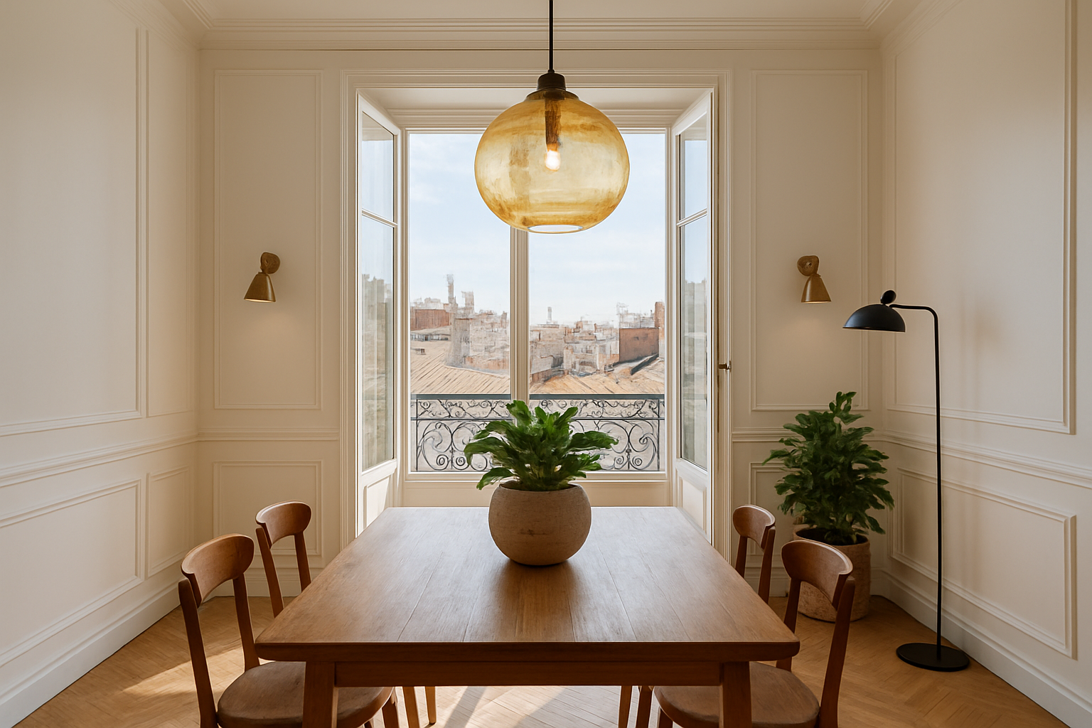 Suspension en verre soufflé doré dans un salon haussmannien lyonnais avec moulures et parquet, éclairant une table en bois, ambiance chaleureuse