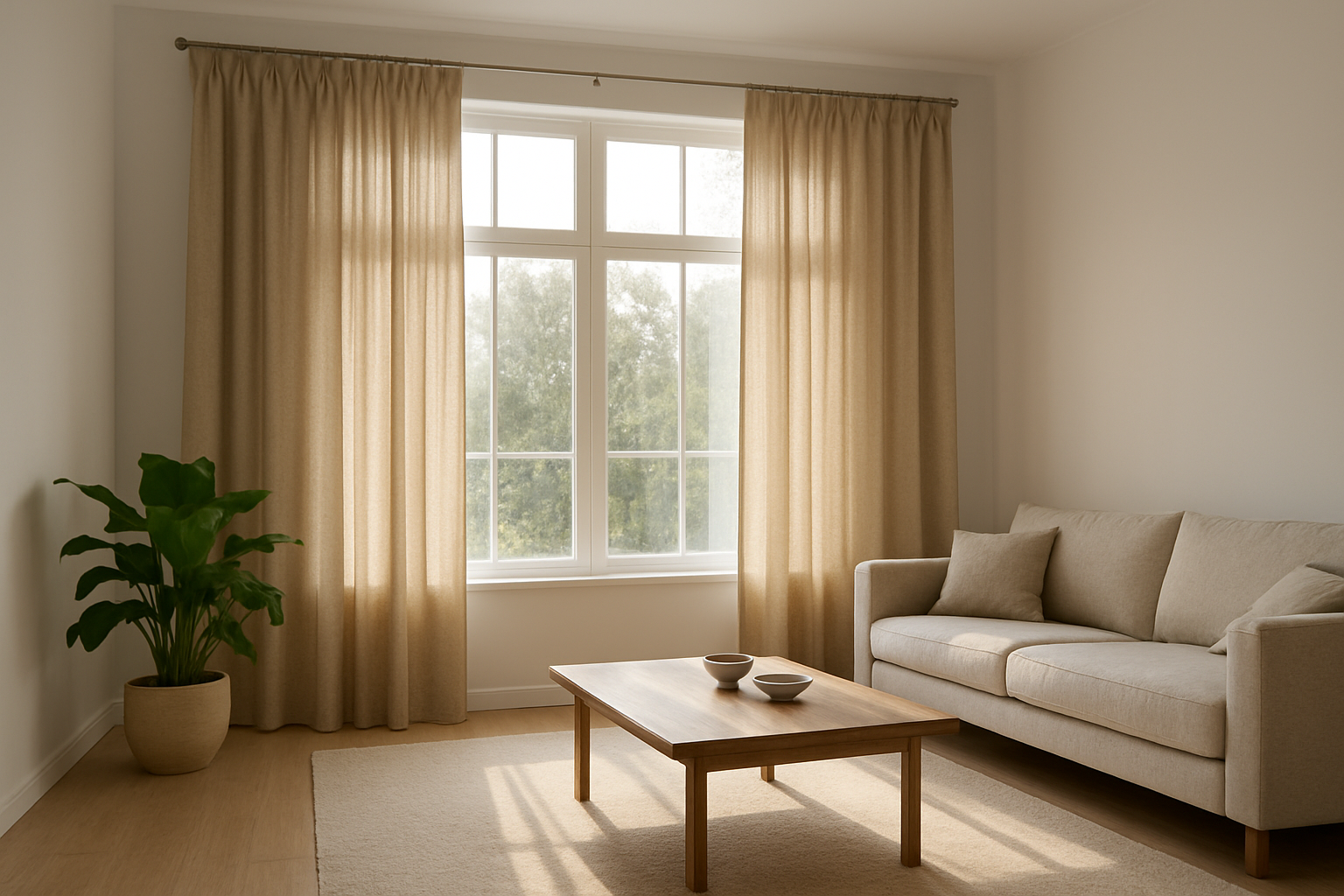 Rideaux eminza beiges dans un salon lumineux avec canapé moderne et plante verte, filtrant la lumière naturelle.