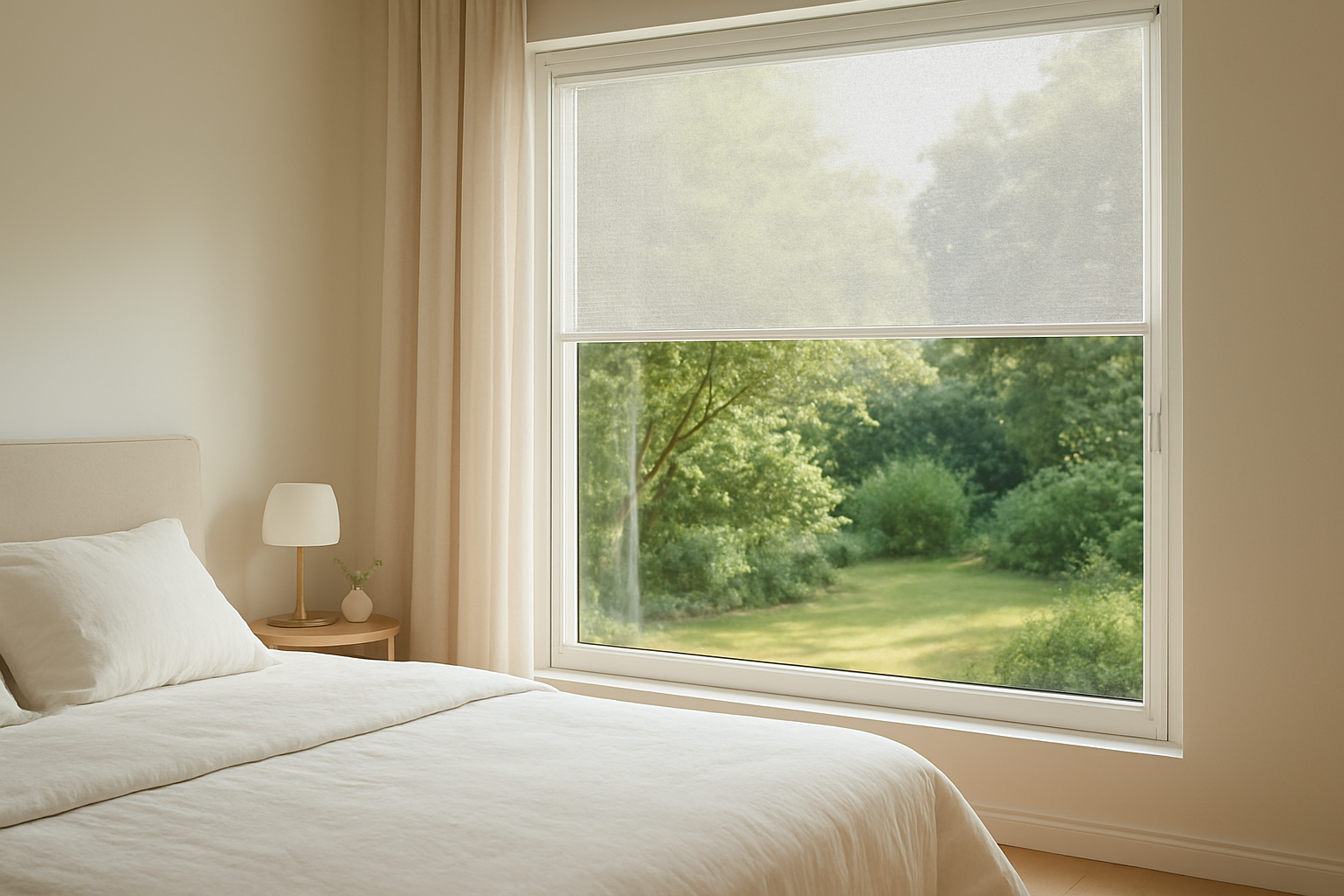 Moustiquaire enroulable blanche installée sur une fenêtre de chambre, laissant filtrer la lumière naturelle et offrant une vue sur le jardin.