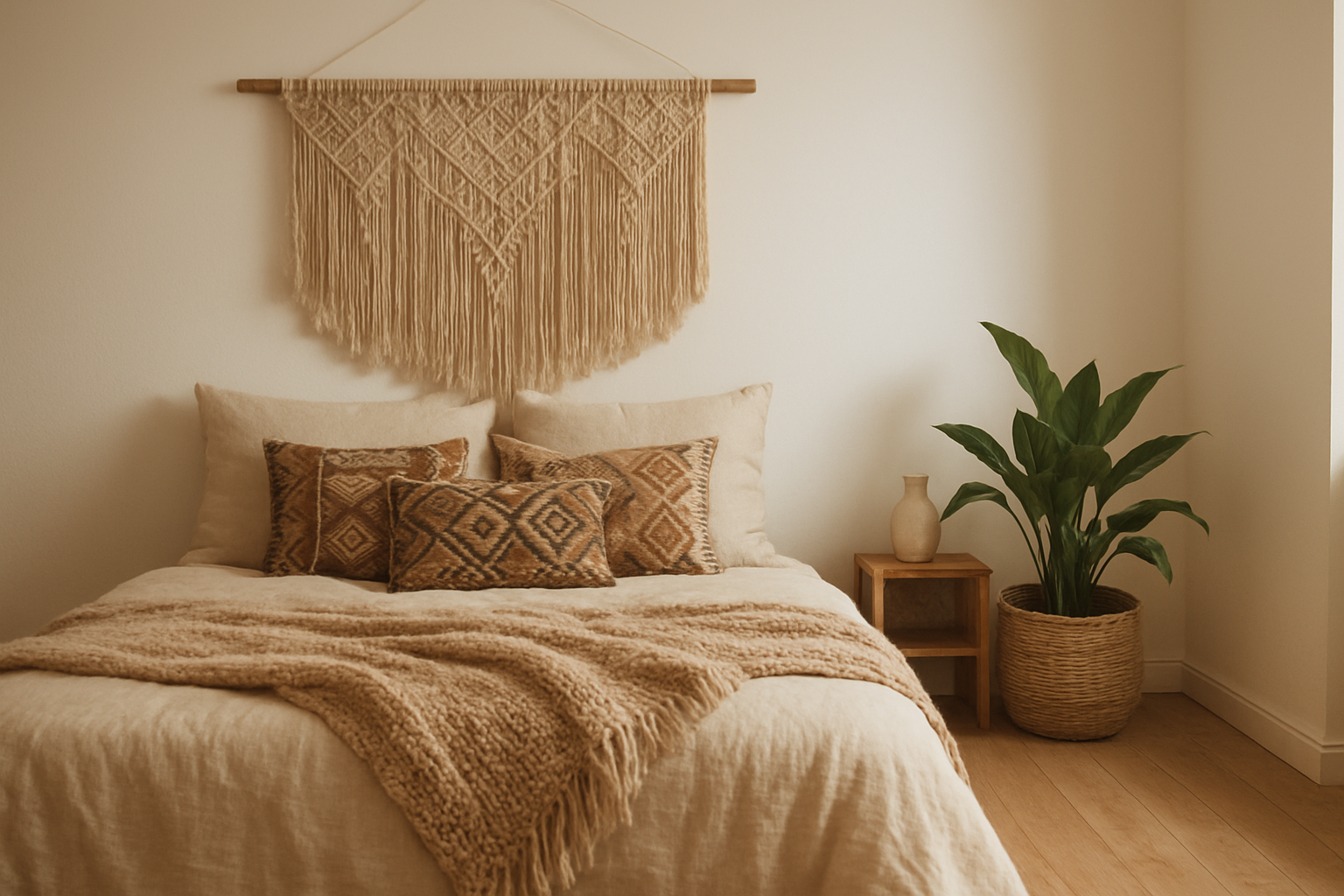 Lit double avec une tête de lit bohème en macramé beige, coussins ethniques et plantes vertes dans une chambre lumineuse au style naturel