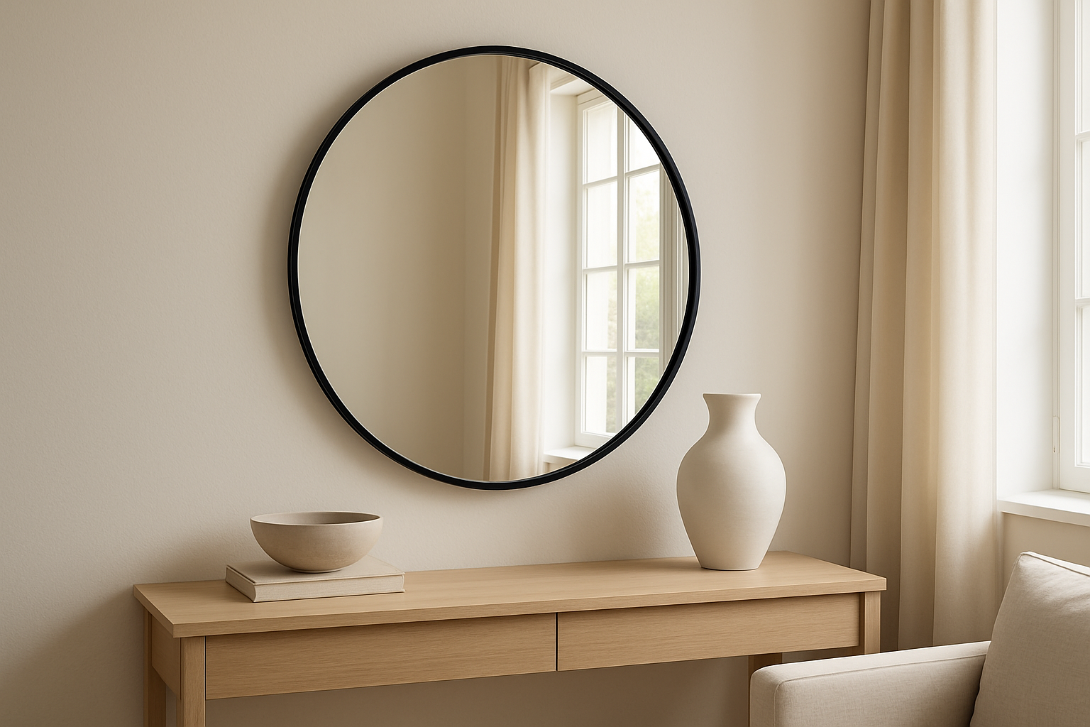 Grand miroir noir rond accroché au-dessus d'une console en bois clair, reflétant une fenêtre lumineuse dans un salon moderne.