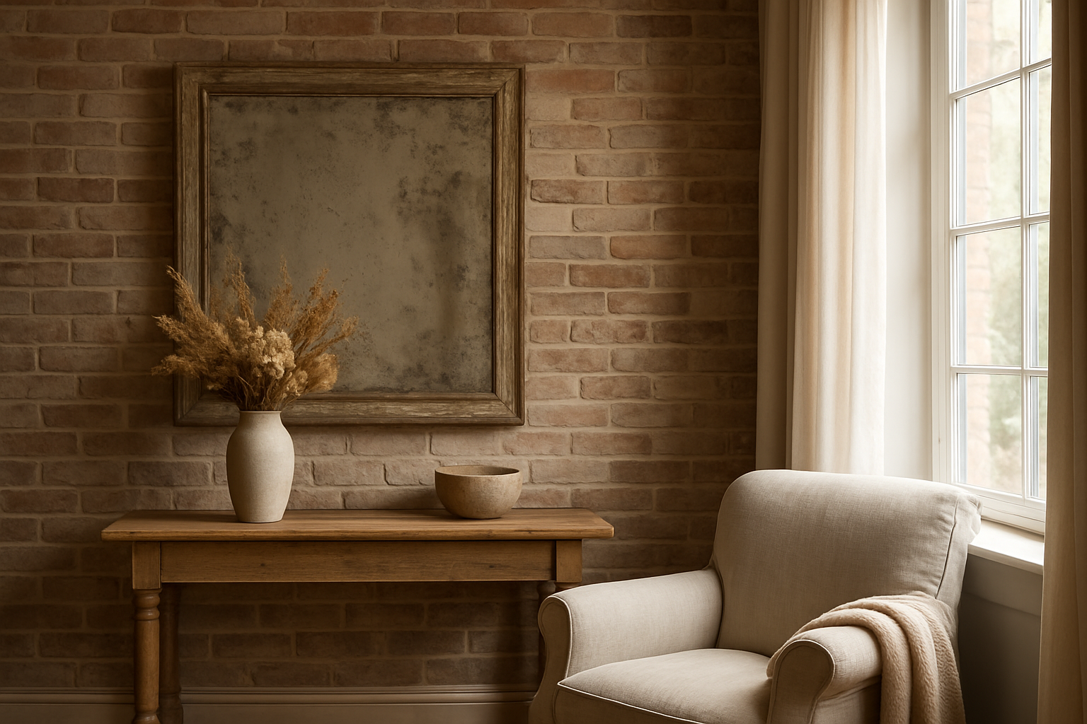 Miroir vieilli à cadre en bois patiné posé sur un mur en briques dans un salon shabby chic, avec une console en bois, un vase de fleurs séchées et un fauteuil cosy, lumière naturelle.