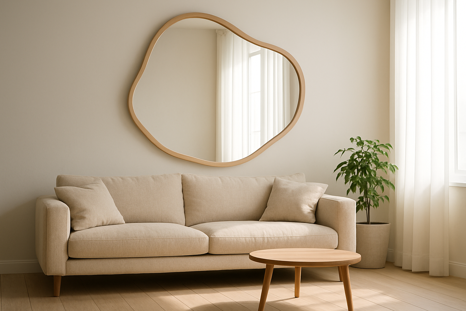 Grand miroir asymétrique organique en bois clair au-dessus d'un canapé beige dans un salon lumineux, avec plante verte et table basse en bois.