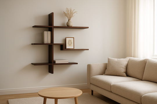 Étagère asymétrique en bois foncé sur mur blanc dans un salon scandinave, avec livres, vase et cadre décoratif