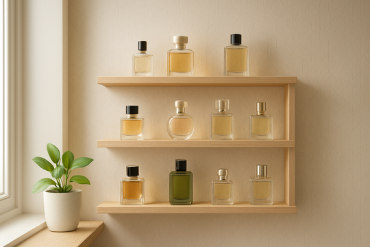 Étagère parfumerie en bois clair avec flacons de parfum colorés, plante verte et lumière naturelle, décoration intérieure minimaliste