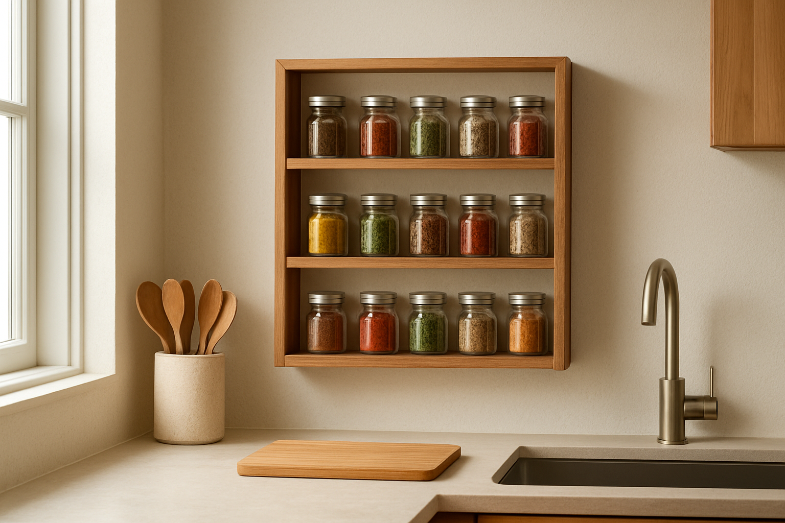 Étagère à épices en bois fixée au mur d'une cuisine moderne, avec des pots en verre remplis d'épices colorées, éclairée par la lumière naturelle