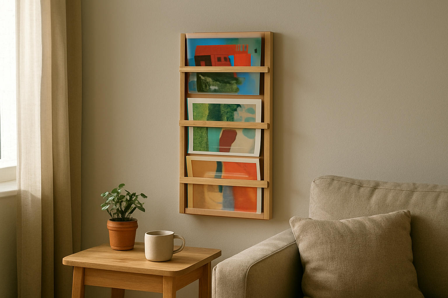 Étagère murale en bois clair contenant des magazines colorés, dans un salon lumineux avec une table d'appoint, rangement revue design et fonctionnel.