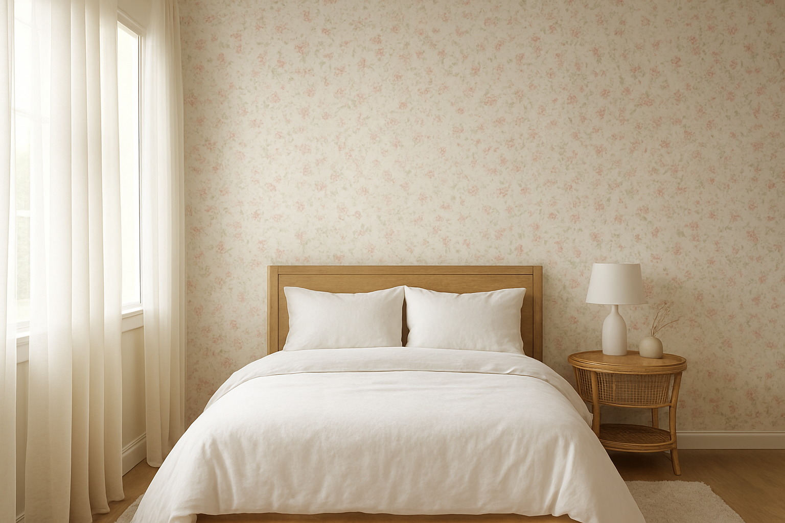 Chambre cosy avec un mur d'accent en papier peint à petites fleurs pastel, lit en bois avec linge blanc, table de nuit en rotin et lumière naturelle