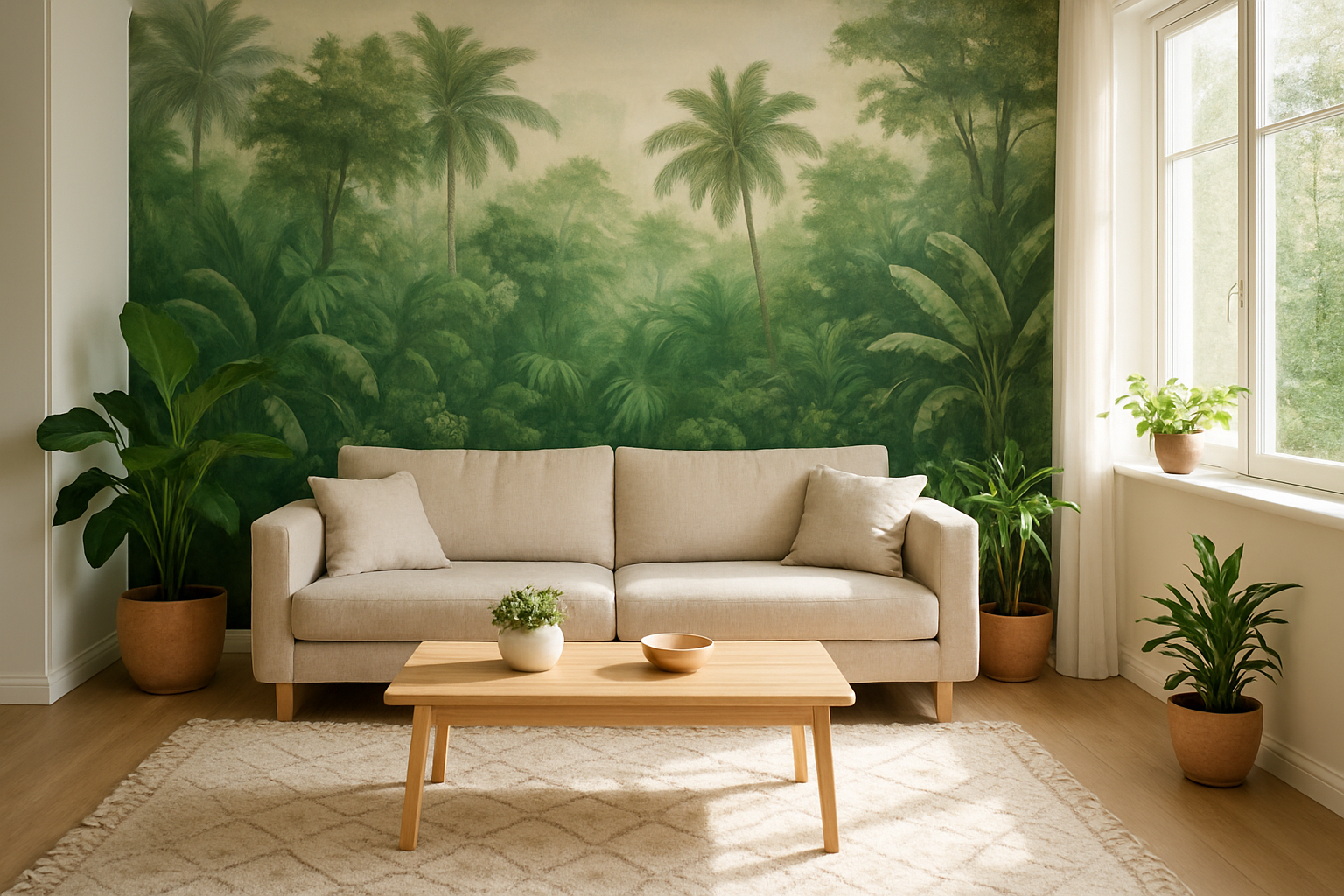 Salon lumineux avec mur d'accent en papier peint panoramique forêt tropicale, canapé beige, table basse bois clair et plantes vertes
