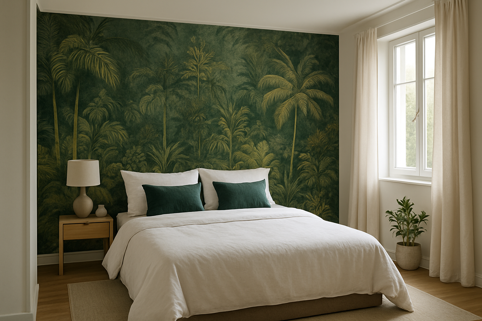 Chambre avec un papier peint tête de lit panoramique tropical vert et or, lit blanc et coussins assortis, lumière naturelle.