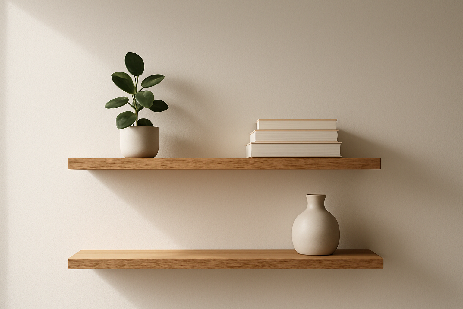 Étagères flottantes en bois sur mur blanc, maintenues par des équerres invisibles, avec décoration minimaliste (plante, livres, vase)