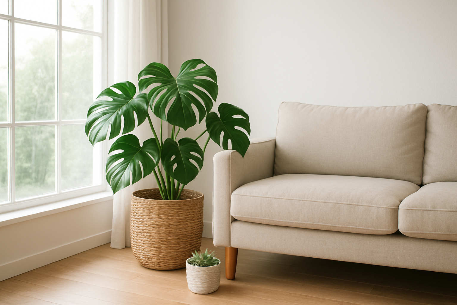 Cache-pot en osier naturel avec un monstera dans un salon lumineux au style scandinave, parquet clair et canapé beige
