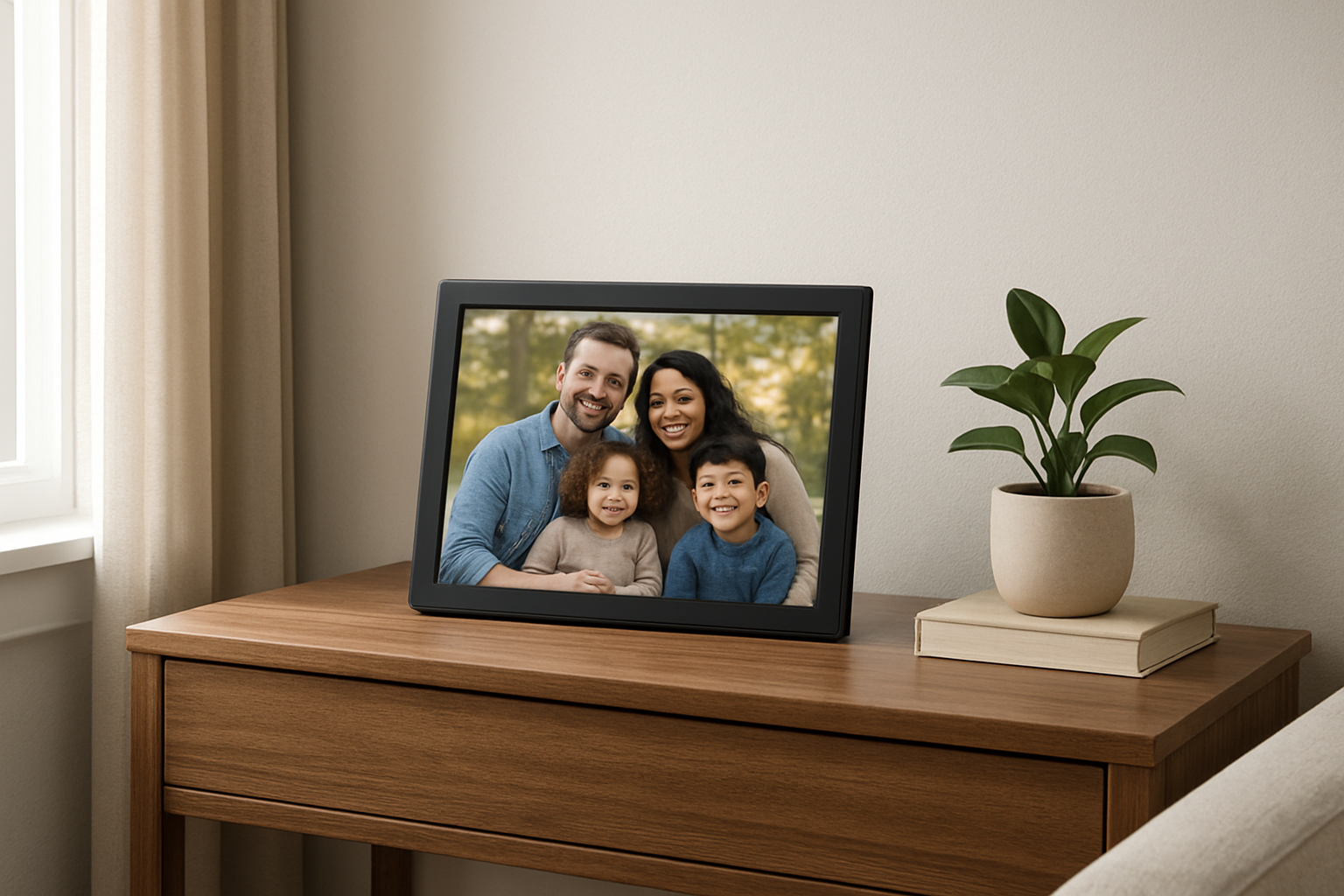 Cadre photo connecté noir sur console en bois dans un salon lumineux, affichant une photo de famille, avec plante verte et livres à côté.