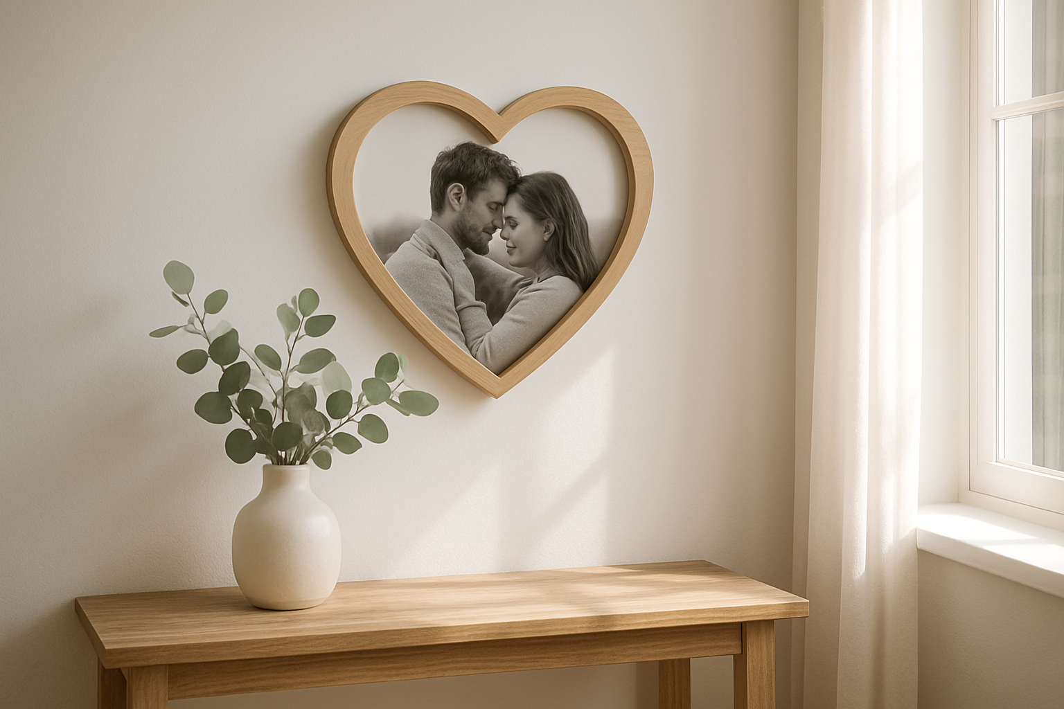 Cadre coeur photo en bois clair accroché au mur, avec une photo en noir et blanc, dans un salon lumineux au style scandinave, accompagné d'un vase blanc et de branches d'eucalyptus.