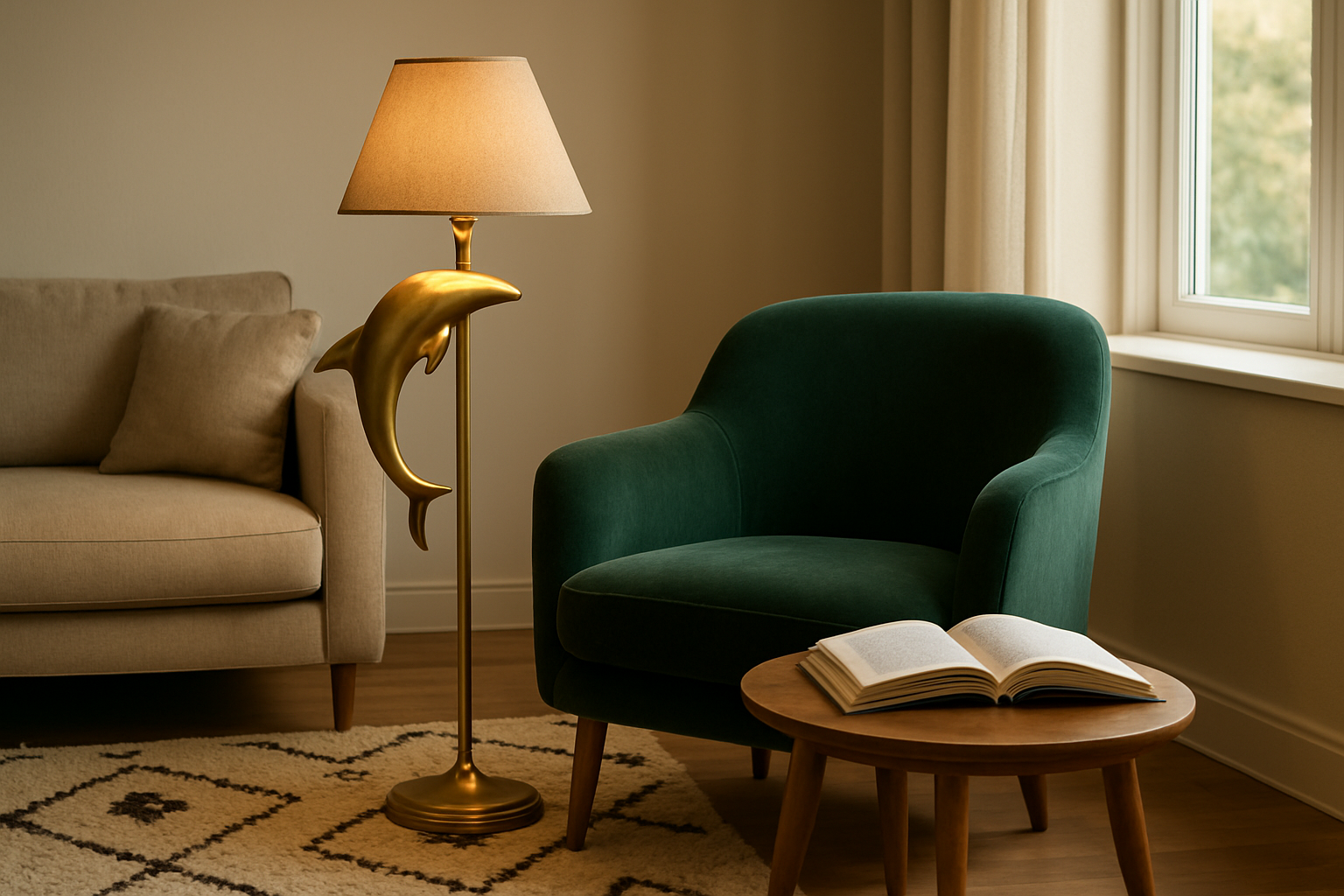 Lampadaire le dauphin en laiton à côté d'un fauteuil vert, éclairant un livre, dans un salon lumineux avec canapé beige et tapis berbère.
