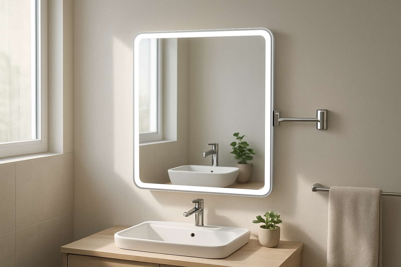 Miroir déporté mural avec éclairage LED dans une salle de bain moderne, reflétant un plan vasque et une plante verte, lumière naturelle