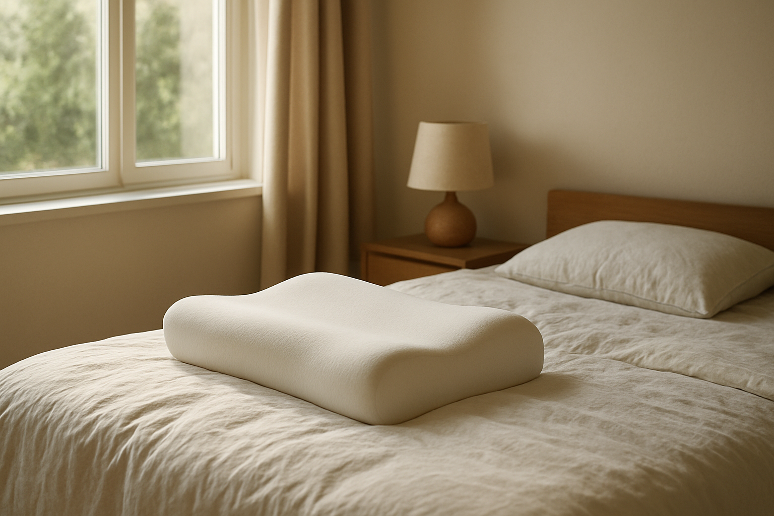 Oreiller à mémoire de forme ergonomique sur un lit blanc, lumière naturelle, chambre cosy.