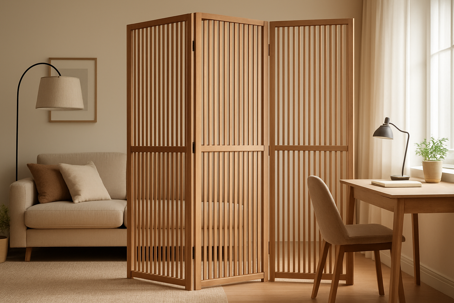 Paravent en bois à lattes verticales séparant un salon d'un espace bureau, avec lumière naturelle filtrant à travers les panneaux