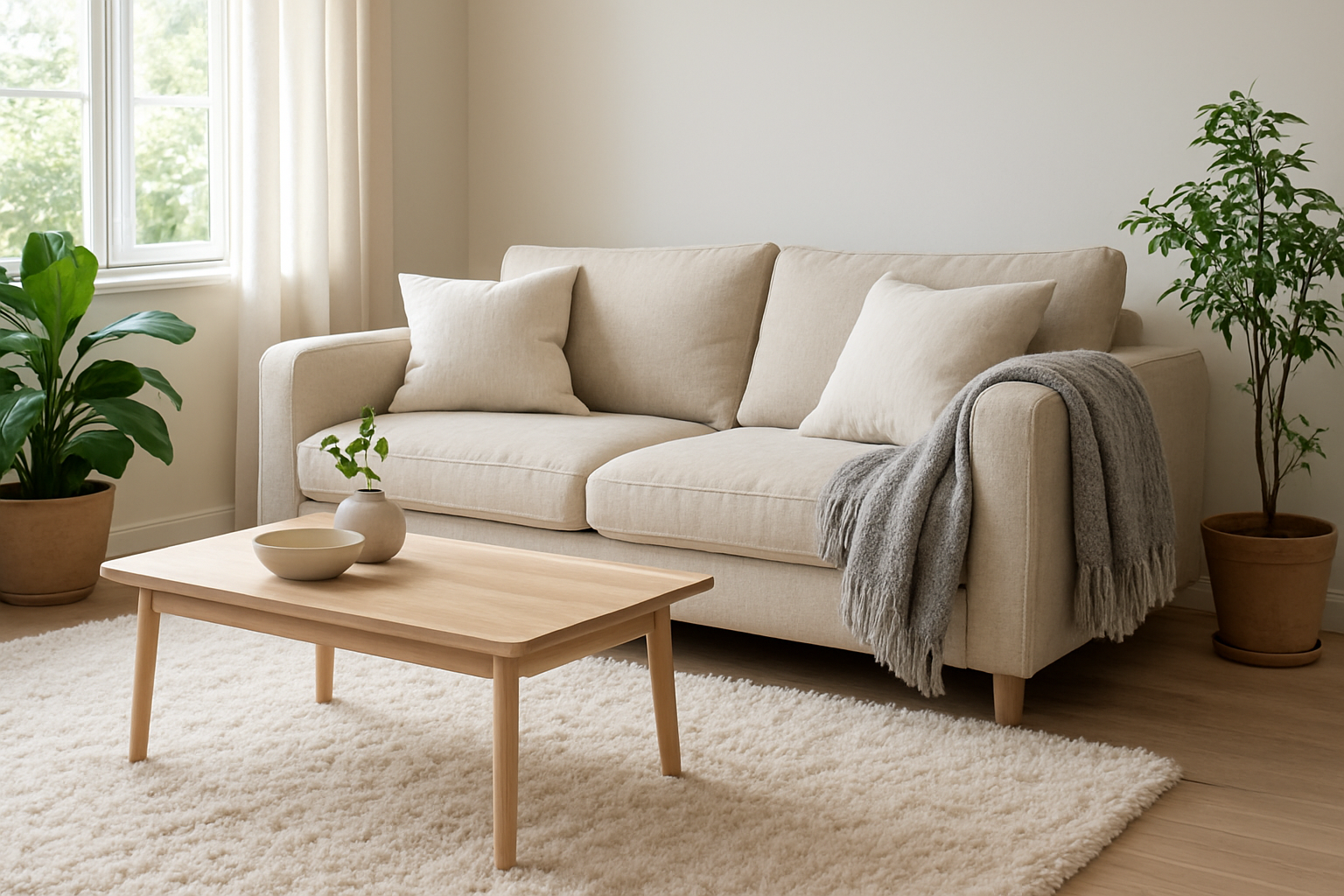 Plaid but en laine gris perle plié sur un canapé beige dans un salon lumineux avec coussins blancs et plantes vertes