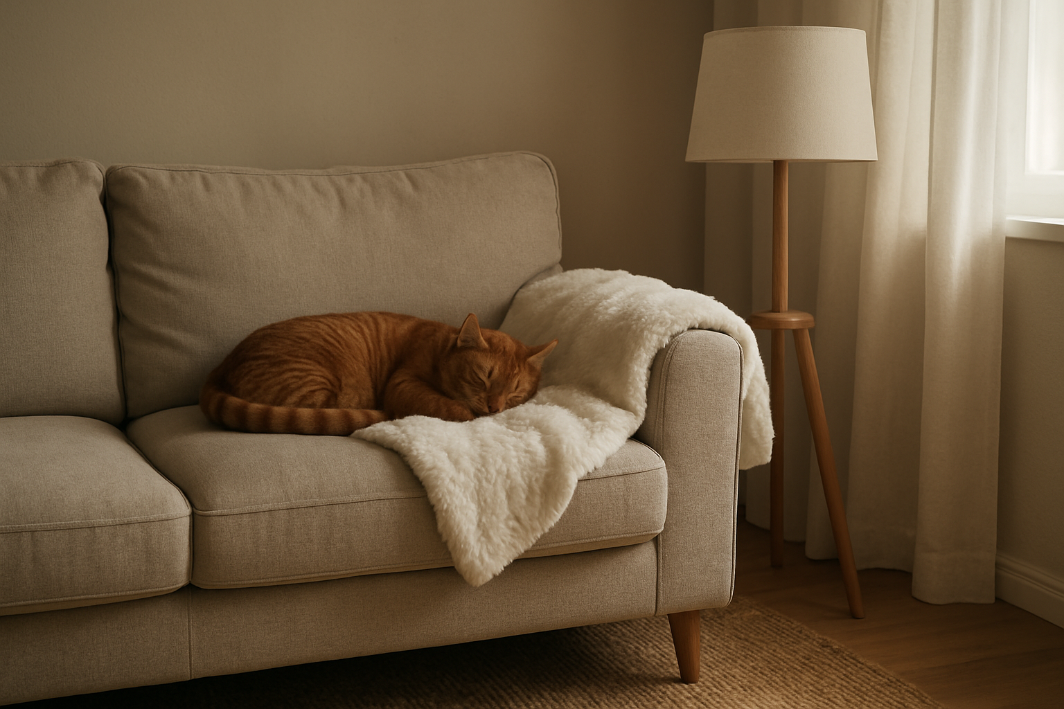 Chat tigré roux endormi sur un plaid en fausse fourrure blanche sur un canapé beige, dans un salon lumineux avec une lampe et un tapis en jute.