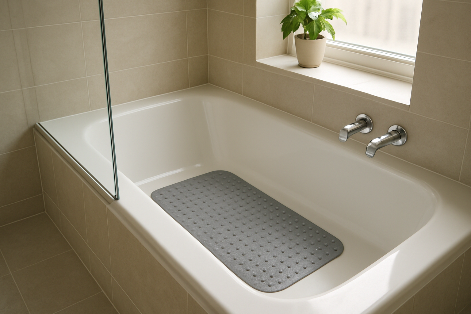 Tapis anti dérapant en caoutchouc gris texturé avec ventouses placé au fond d'une baignoire blanche dans une salle de bain moderne éclairée par la lumière naturelle.