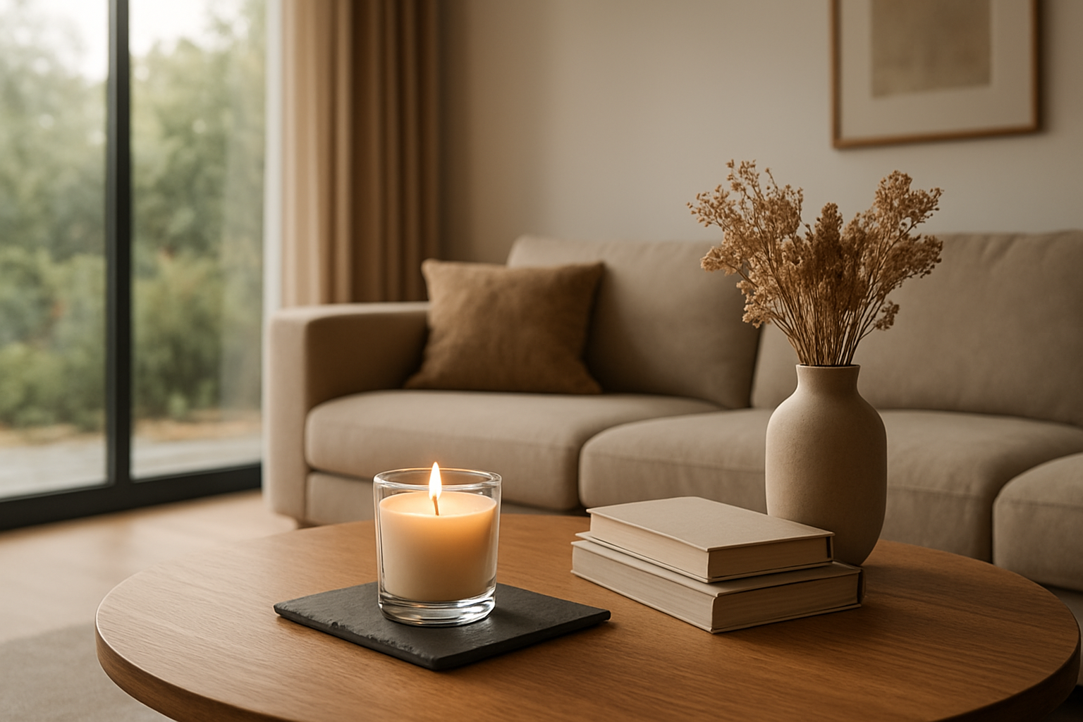 Bougie parfumée allumée sur une table basse en bois dans un salon lumineux, entourée de livres et de fleurs séchées, ambiance cocooning