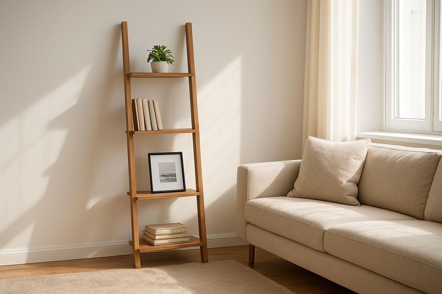 Étagère en bois type échelle dans un salon lumineux, avec livres, plante verte et cadre photo, style déco scandinave