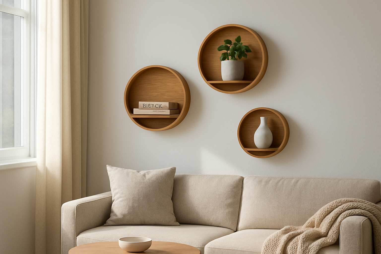 Trois étagères rondes en bois de différents diamètres disposées en cascade sur un mur blanc, avec une plante verte, des livres et un vase en céramique, dans un salon lumineux au style scandinave.