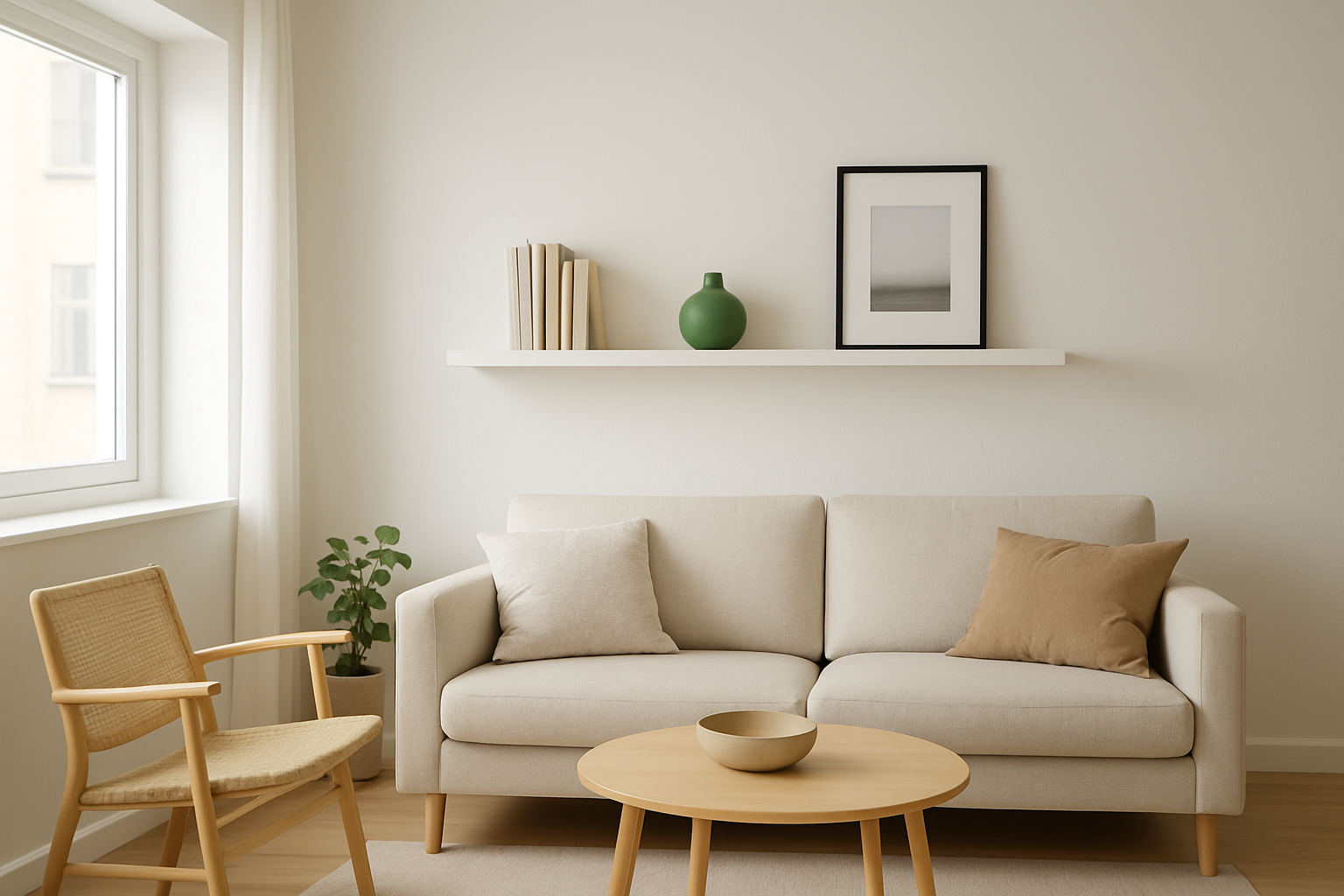 Étagère Lack blanche fixée au mur dans un salon lumineux, avec livres et décoration minimaliste