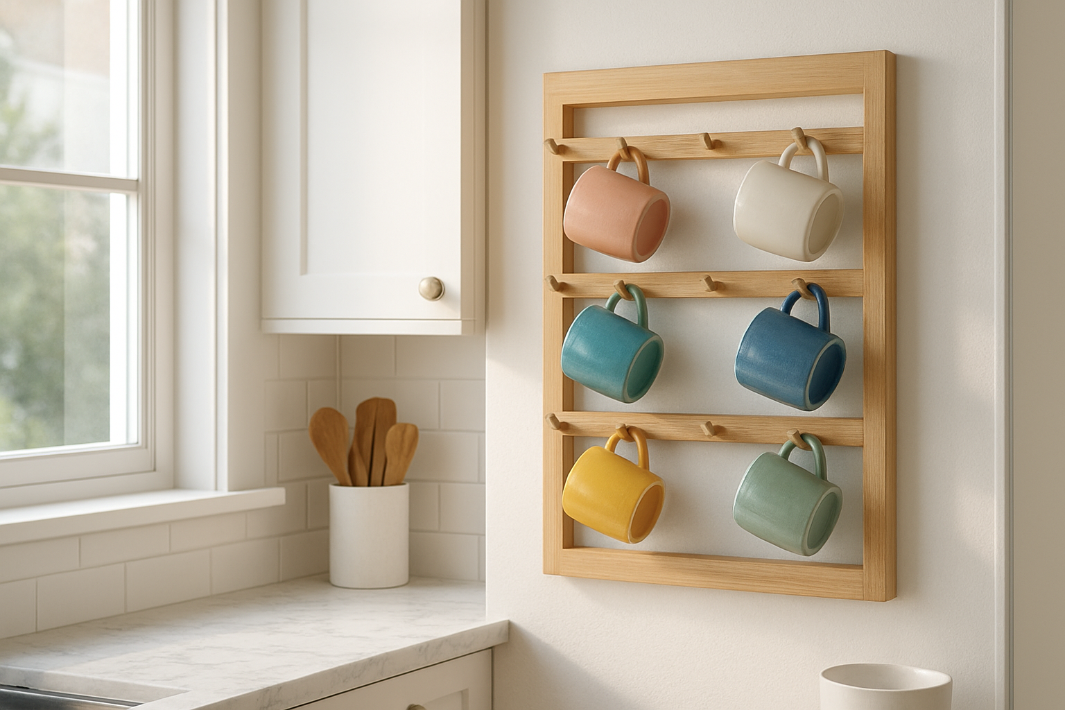 Étagère tasse en bois mural exposant six tasses colorées dans une cuisine moderne et lumineuse avec plan de travail en marbre
