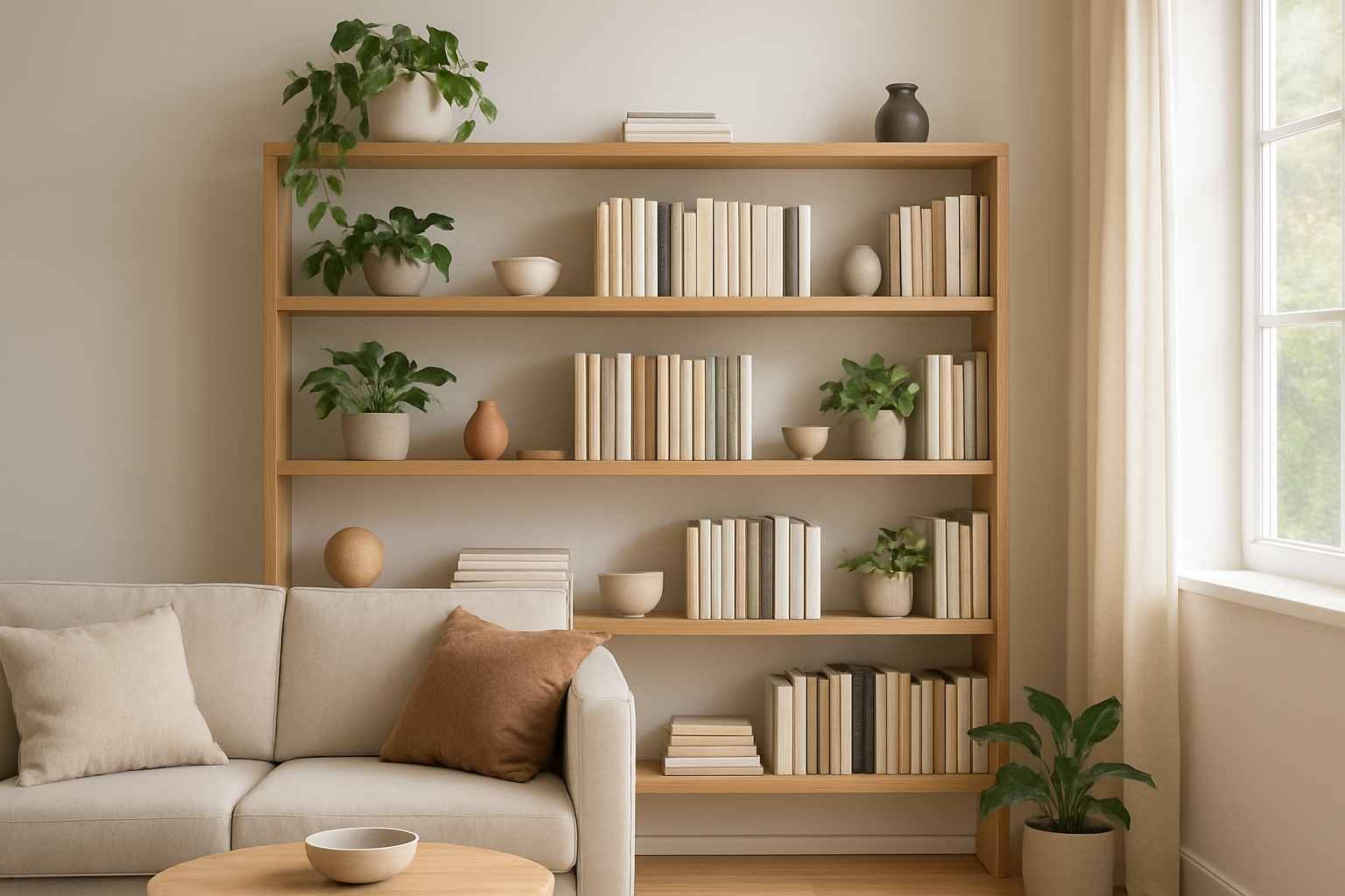 Étagère haute en bois clair dans un salon moderne, avec livres, plantes et décoration, éclairée par la lumière naturelle