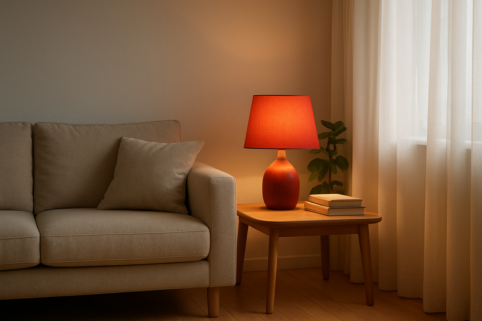 Lampe rouge design posée sur une table en bois dans un salon scandinave, éclairant doucement un canapé beige et des livres.