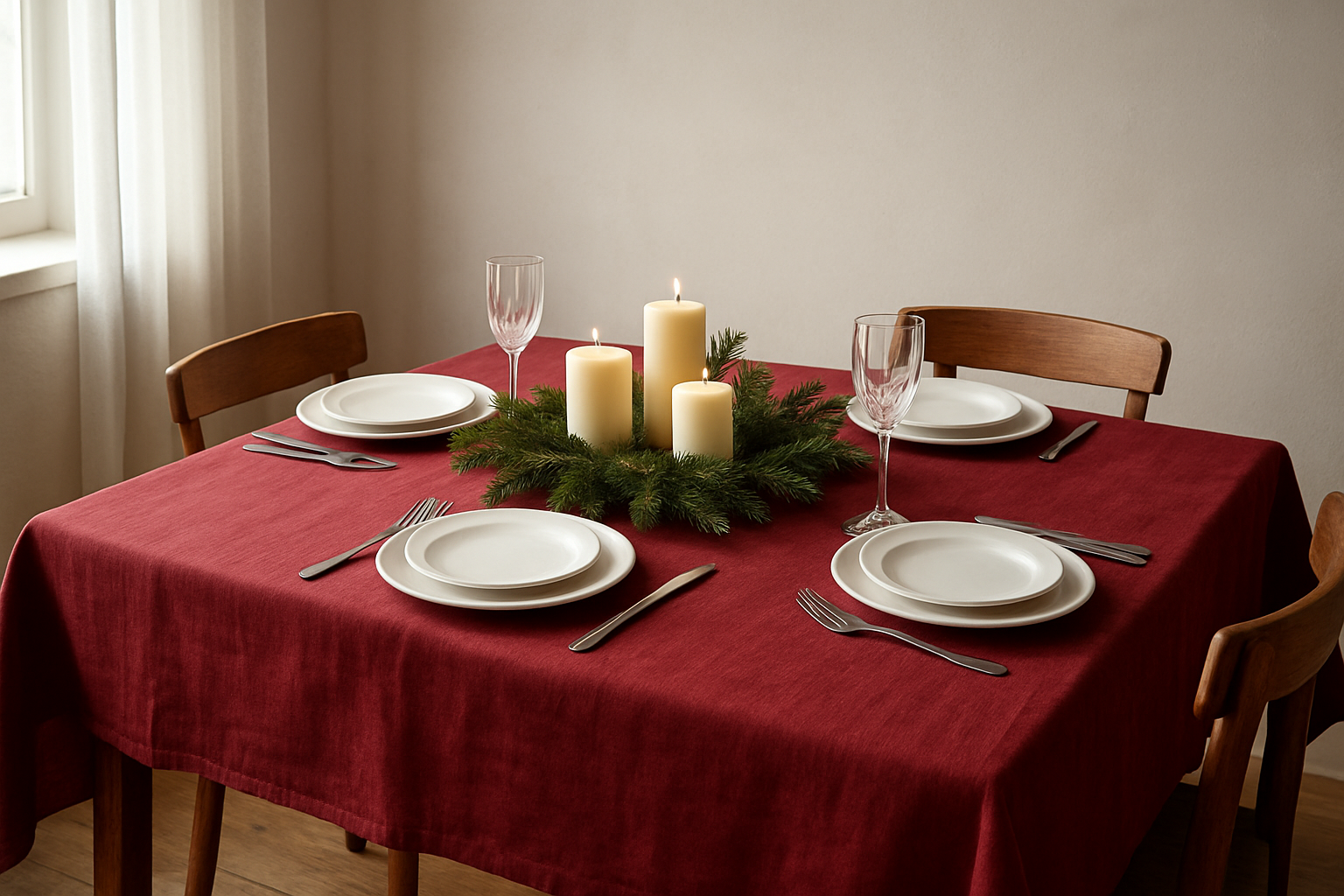 Table à manger en bois avec nappe rouge bordeaux en lin, vaisselle blanche et centre de table aux bougies et sapin, lumière naturelle.