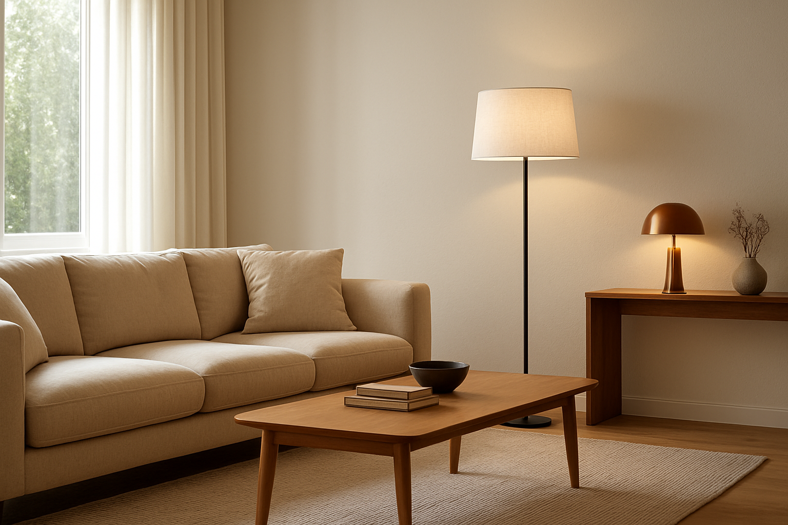 Salon lumineux avec un lampadaire à abat-jour en lin blanc et une lampe de table à abat-jour cuivré, créant une ambiance chaleureuse