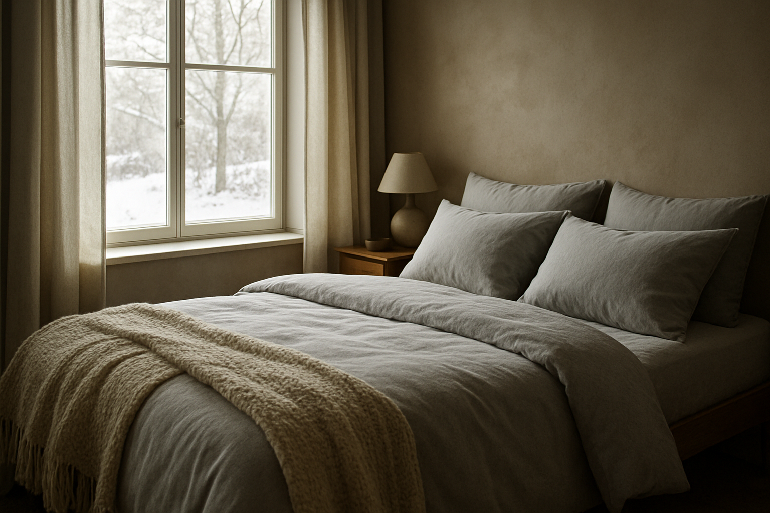 Lit avec housse de couette en flanelle grise, oreillers blancs et plaid en laine dans une chambre lumineuse d'hiver