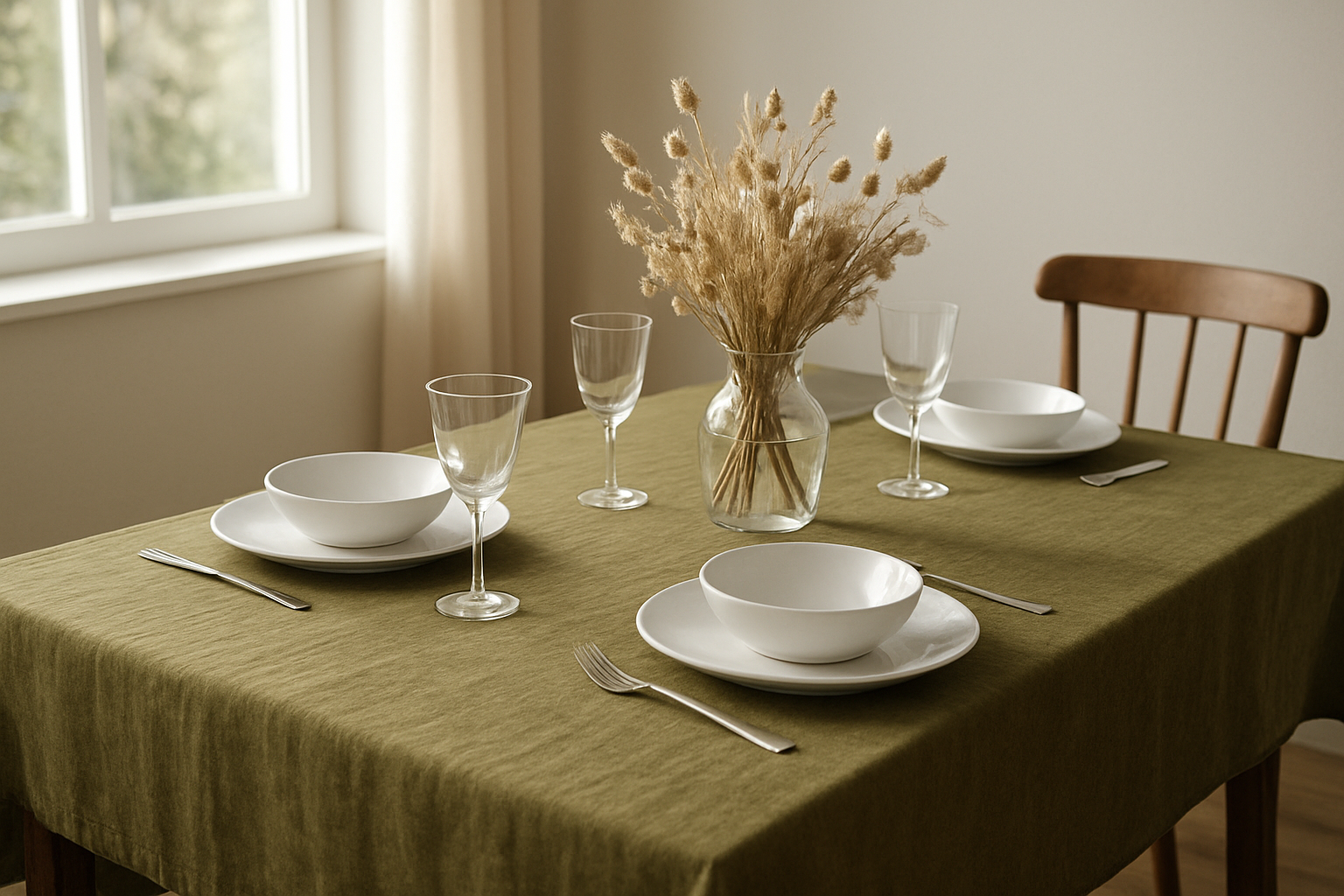 Table en bois avec nappe vert olive en lin, vaisselle blanche et fleurs séchées dans une salle à manger lumineuse