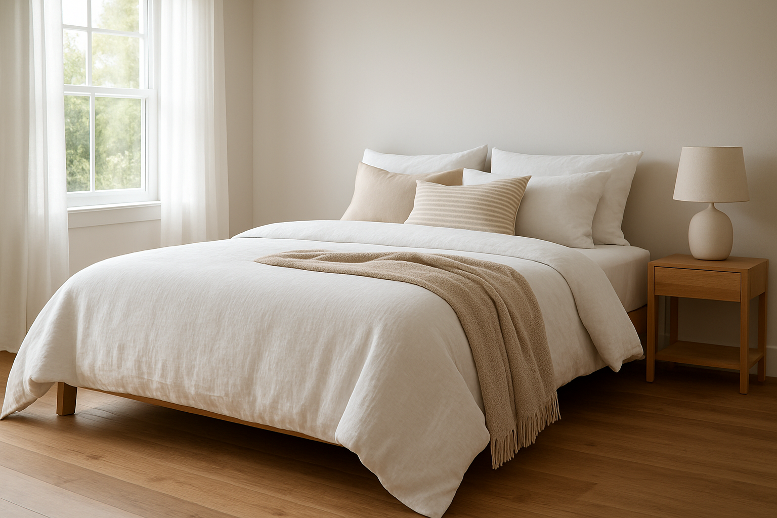 Lit double avec housse de couette blanche en lin, oreillers décoratifs et lumière naturelle dans une chambre minimaliste au sol en bois.