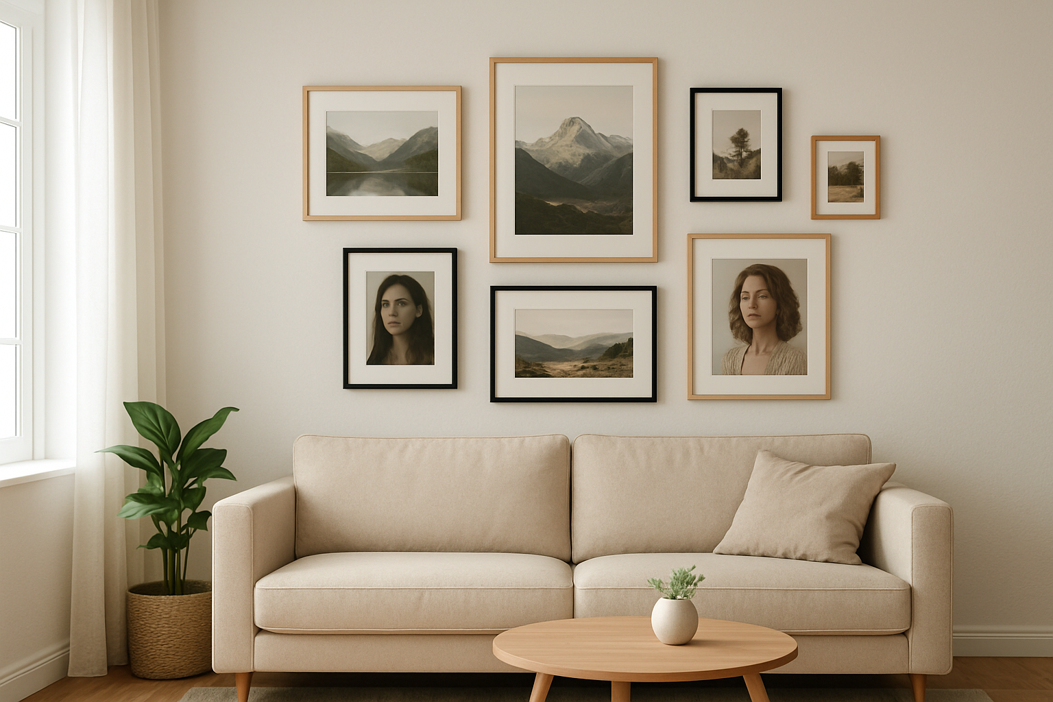 Composition de cadres photo de différentes dimensions en bois clair et noir sur un mur blanc, avec photos de paysages et portraits, dans un salon lumineux avec canapé beige.