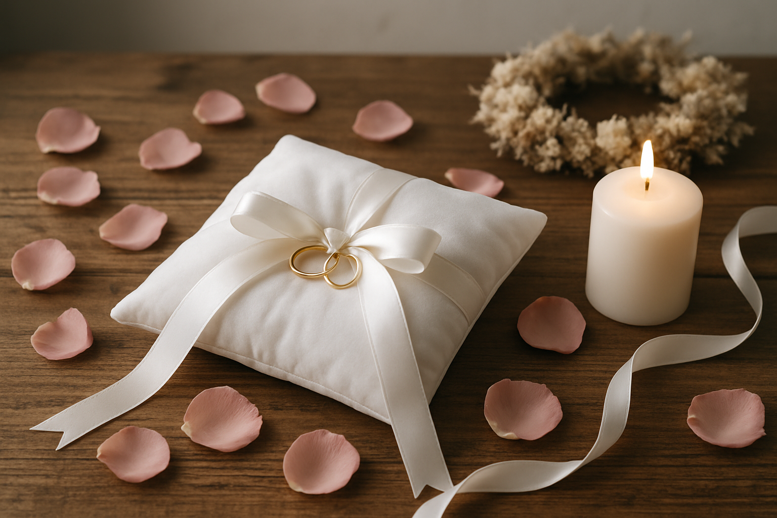 Coussin alliances en velours blanc sur table rustique avec pétales de roses, rubans et bougie, décoration de mariage chic et romantique.