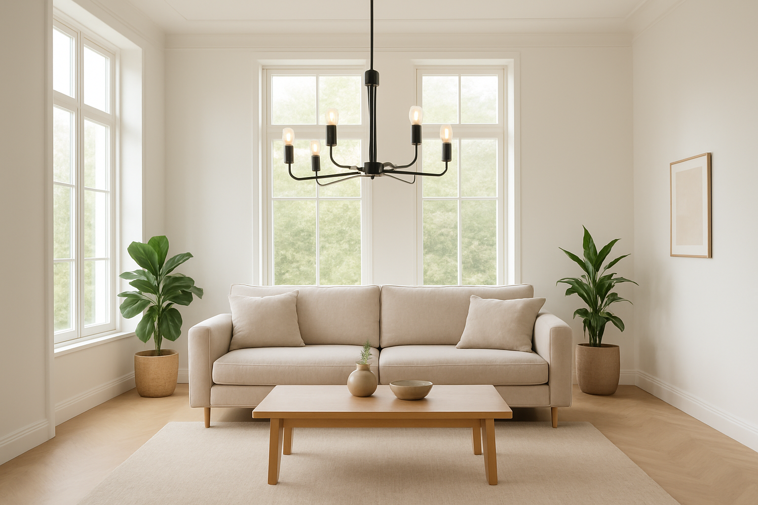 Grand salon contemporain avec un lustre moderne en métal noir à six bras, canapé beige et table basse en bois, lumière naturelle par les fenêtres