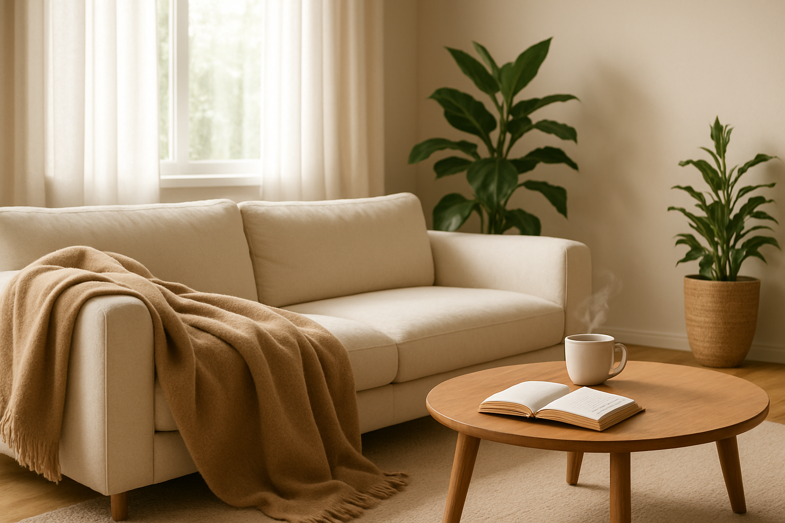 Grand plaid beige en laine mérinos posé sur un canapé blanc dans un salon lumineux avec tasse de thé et plante verte, ambiance cosy.